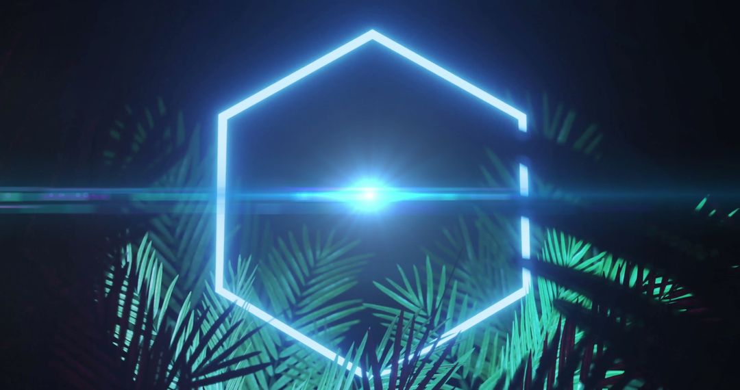 Futuristic Neon Hexagon with Glowing Plant Foliage