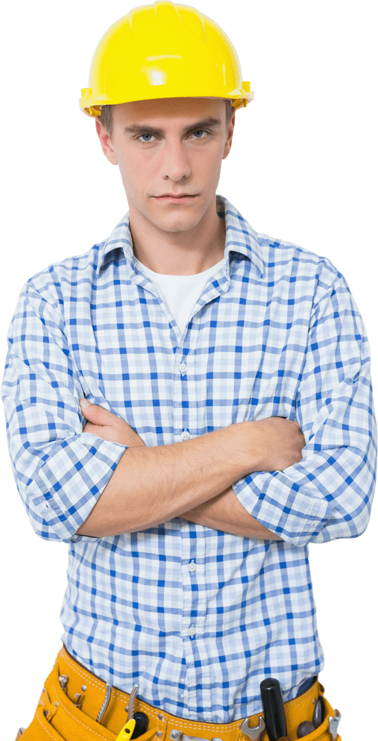 Serious Handyman with Yellow Hard Hat and Crossed Arms