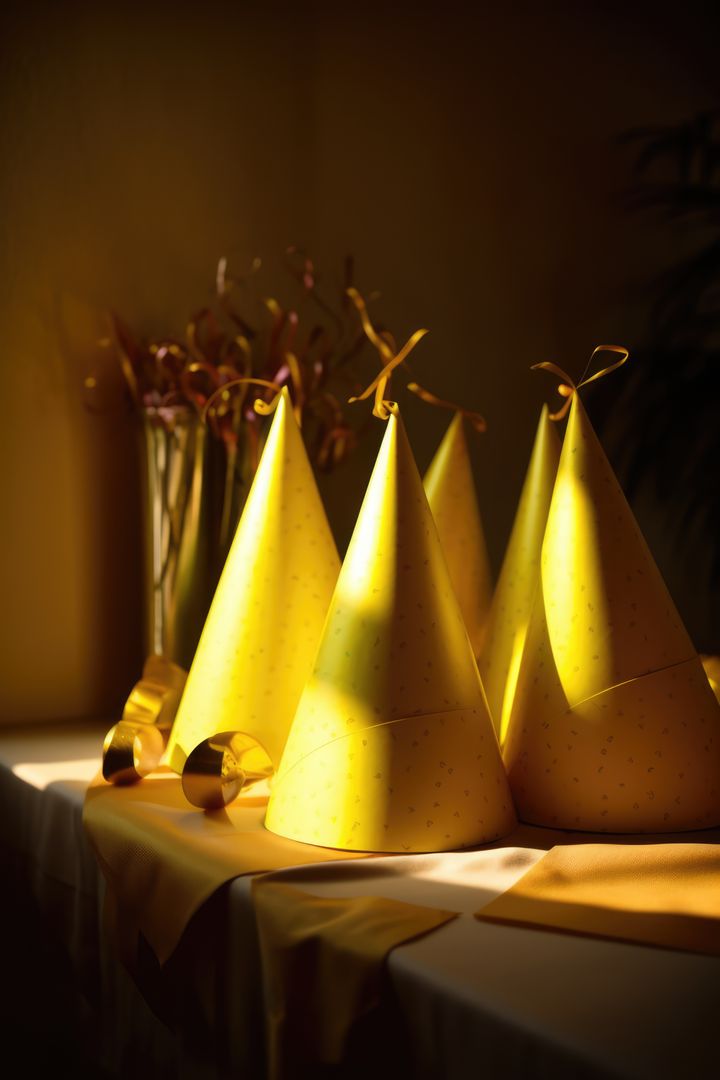Close up of yellow party hats over brown background, created using generative ai technology - Free Images, Stock Photos and Pictures on Pikwizard.com