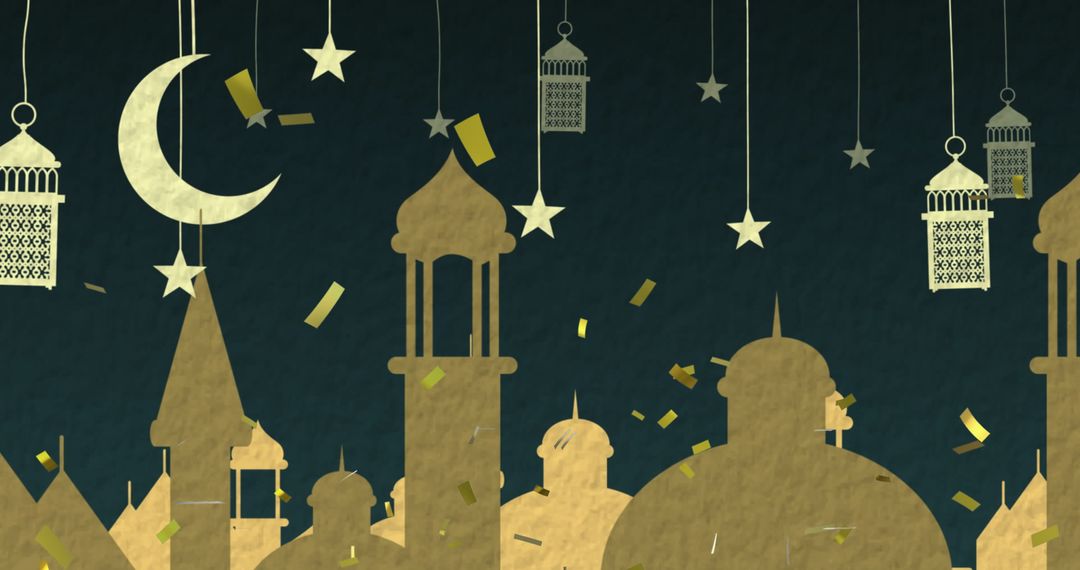 Golden Arabic Rooftop Silhouettes with Lanterns and Stars - Free Images, Stock Photos and Pictures on Pikwizard.com