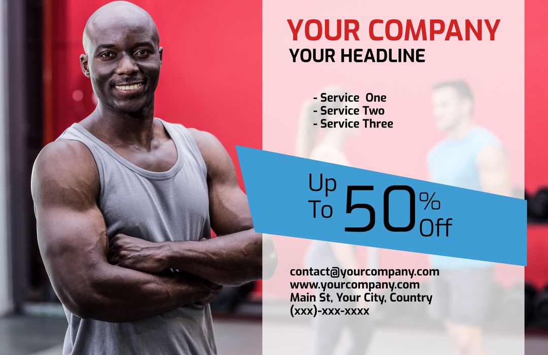 Confident Trainer Promoting Gym Services with Discount Offer