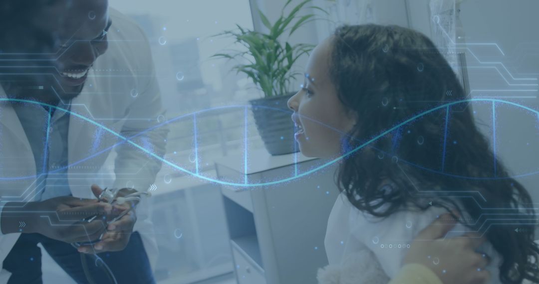 Doctor with Young Patient Overlaid with DNA and Tech Elements