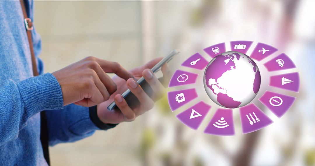 Traveler Using Smartphone with Global Network Icons Overlay