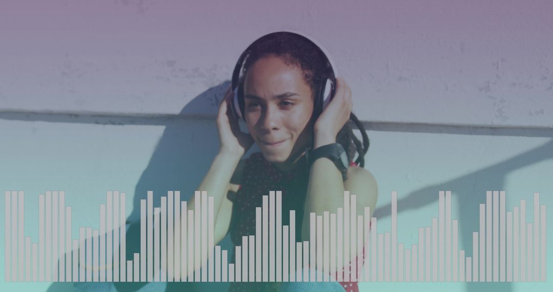 Young Woman Enjoying Music with Graphic Equalizer Overlay