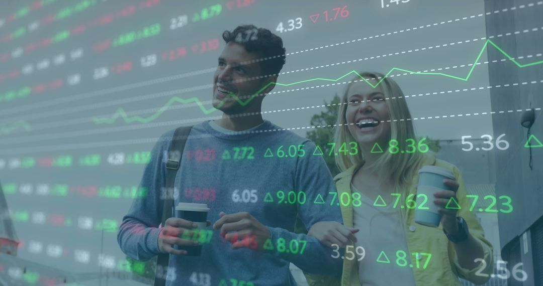 Happy Couple Exploring with Digital Stock Market Overlay