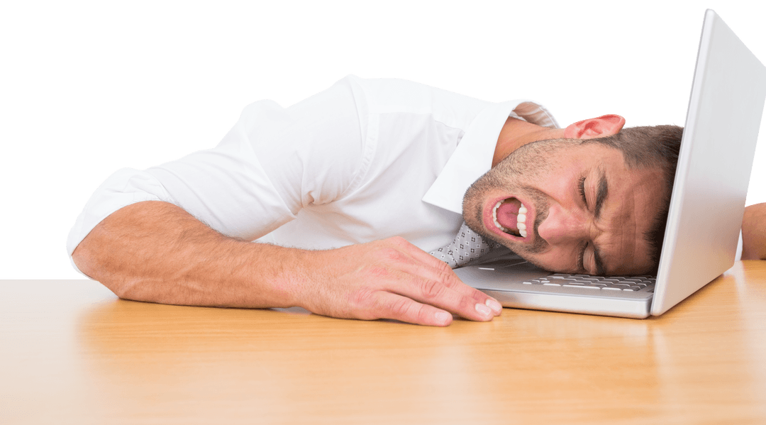 Frustrated Businessman Exhausted with Laptop on Transparent Background