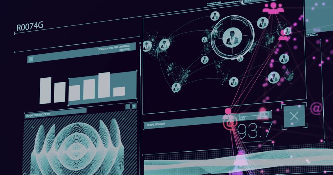 Futuristic Digital Interface with Network Map and Analytics