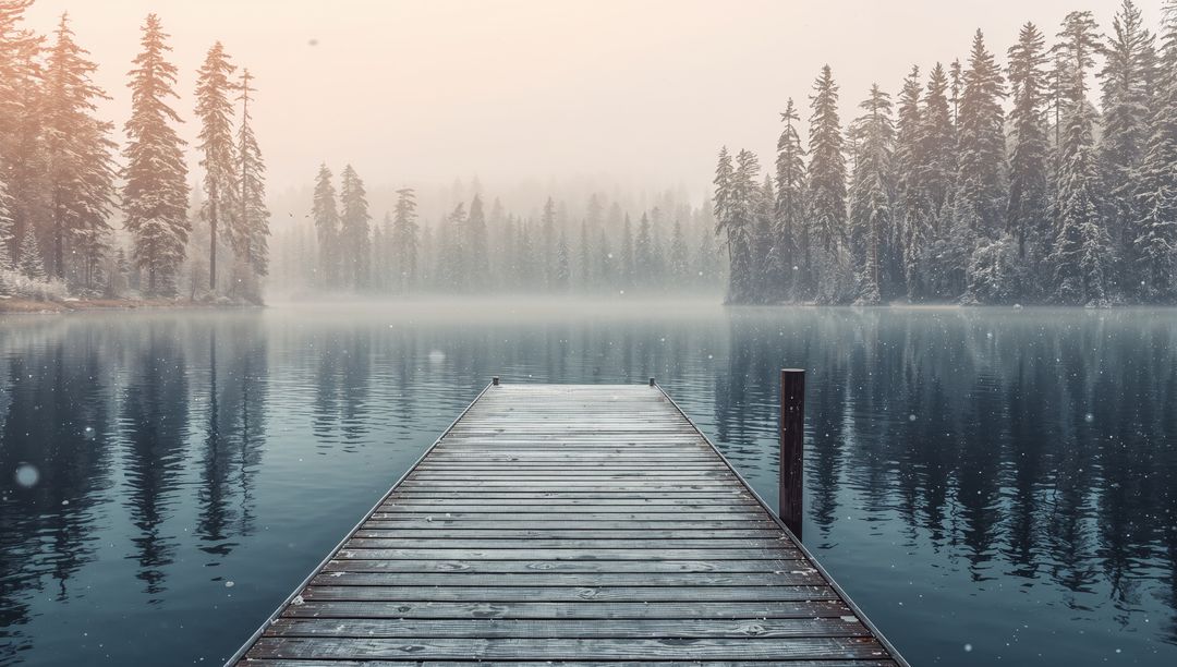 Serene Wooden Dock Leading into Misty Snowfall Lake with Reflecting Pine Forest at Sunrise