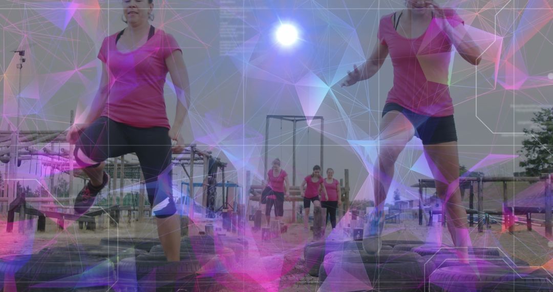 Diverse Women Excelling in Futuristic Obstacle Course Challenge