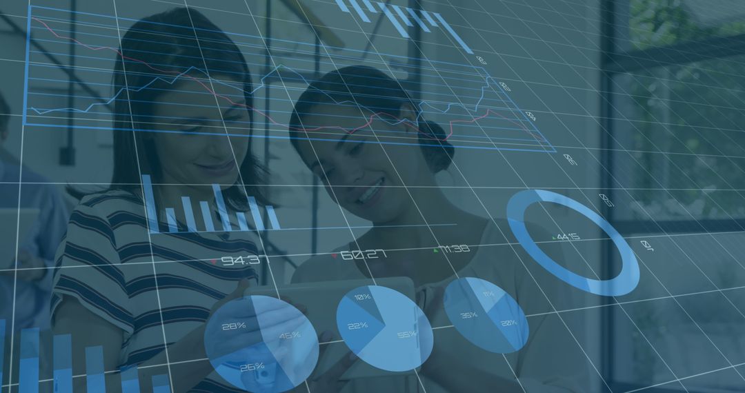 Data Processing Overlays Over Diverse Team Collaborating in Modern Office