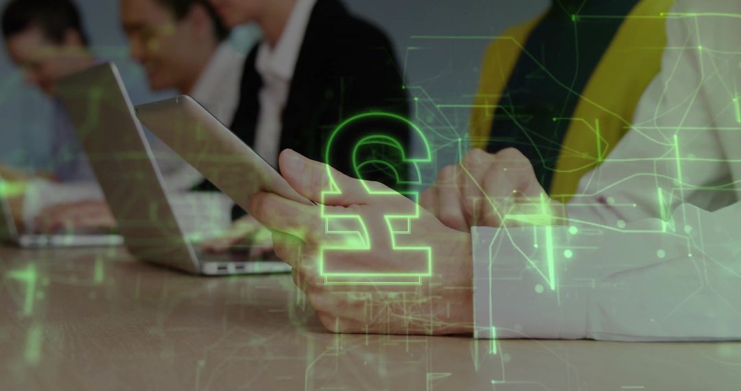 Neon Pound Symbol with Digital Workforce in Conference Room