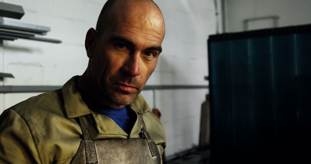 Serious Male Metal Worker Staring Intently in Industrial Workshop - Free Images, Stock Photos and Pictures on Pikwizard.com