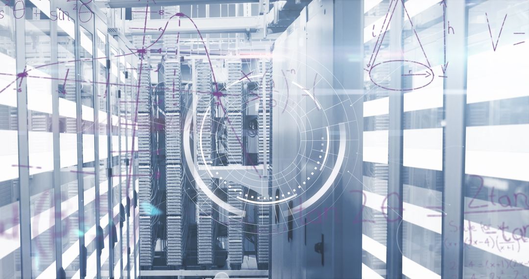 Digital Network Infrastructure with Futuristic HUD in Data Center