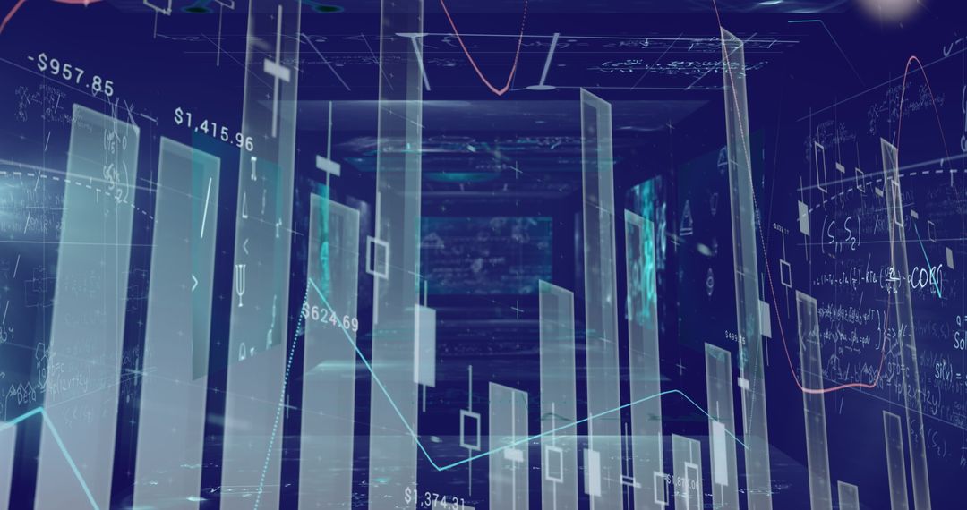 Digital Interface of Data Processing with Skyscrapers on Blue Background