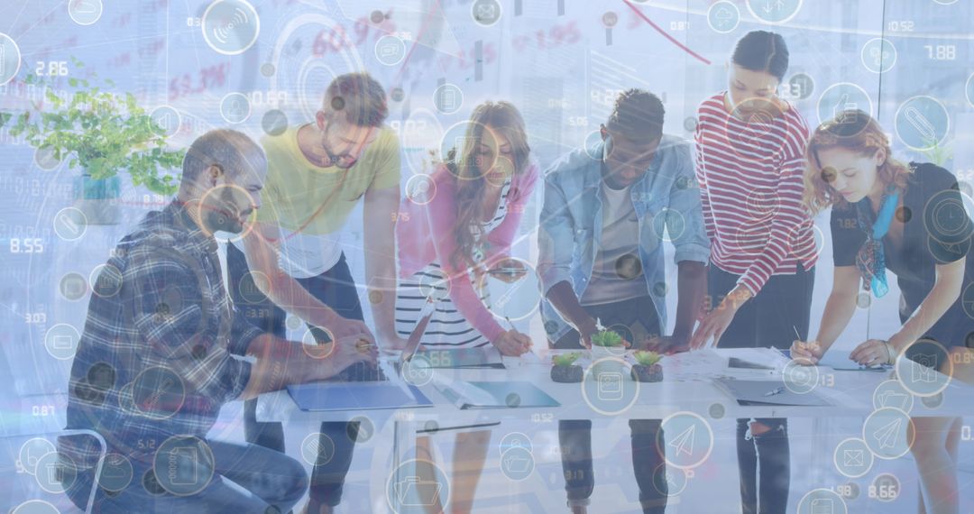 Diverse Team Collaborating with Virtual Data Dashboard