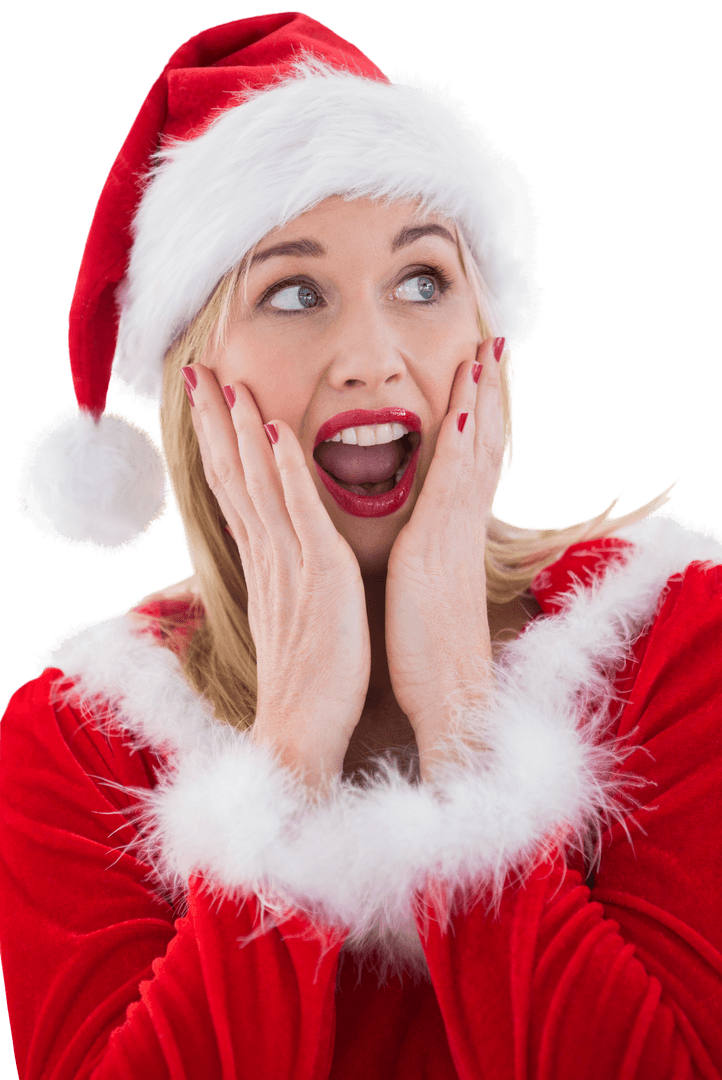 Surprised Woman in Santa Outfit with Hands on Face
