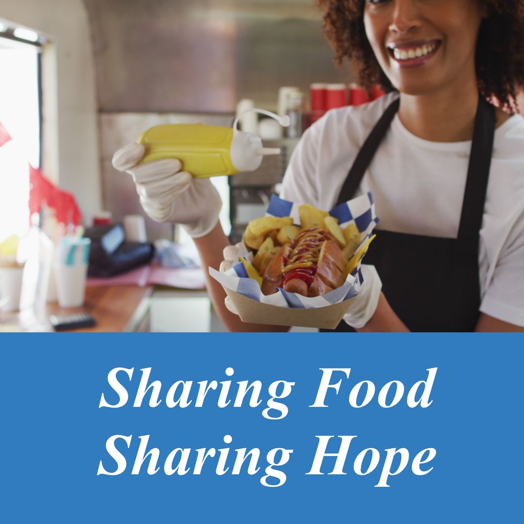 Smiling Vendor Serving Hot Dog with Joyful Message