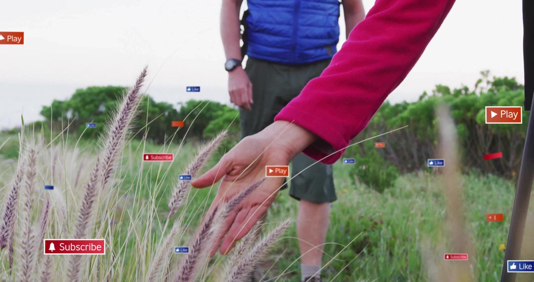 Hiker Embracing Nature with Digital Overlays