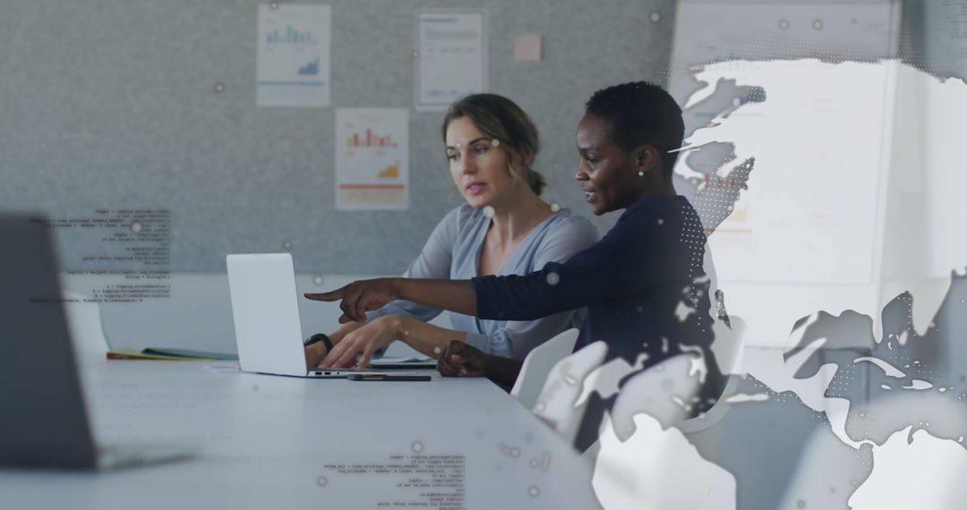 Colleagues Analyzing Data with Global Overlay in Modern Office