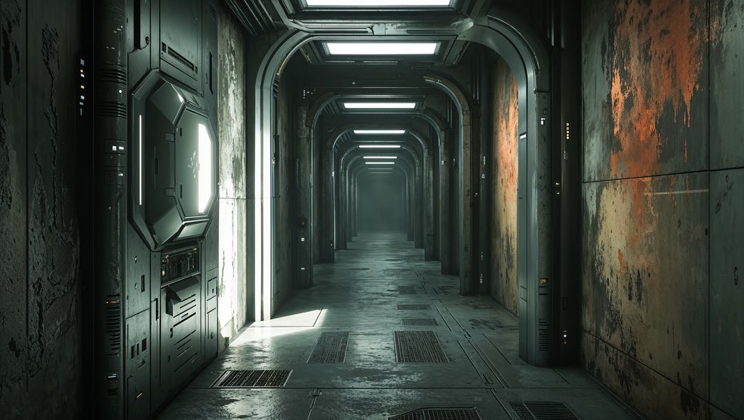 Futuristic Metallic Corridor in Industrial Facility with Foggy Exit