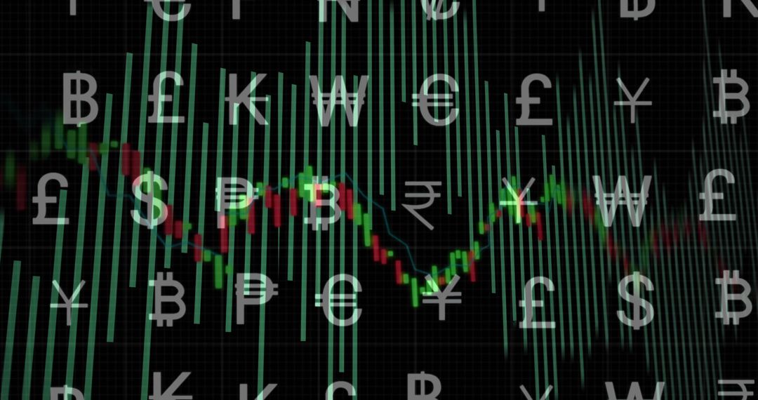 Digital Financial Interface Displaying Candlestick Chart with Currency Symbols