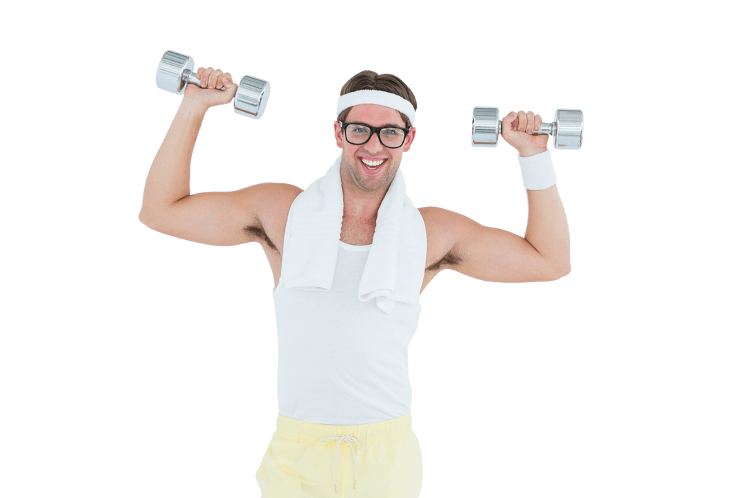 Geeky Hipster Exercising with Dumbbells on Transparent Background