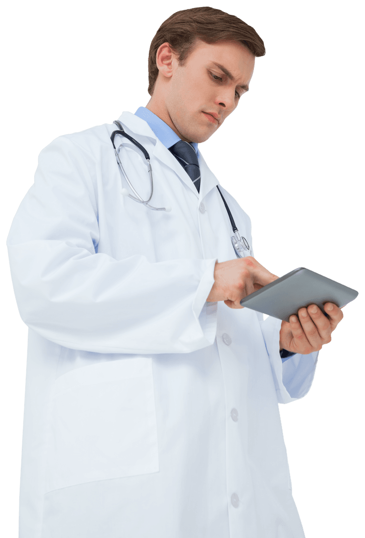Transparent Health Professional Using Digital Tablet with Focused Expression