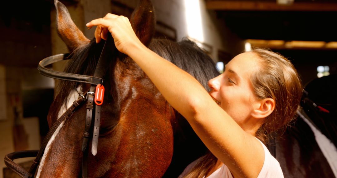 A young Caucasian woman is affectionately grooming a horse in a stable, with copy space - Free Images, Stock Photos and Pictures on Pikwizard.com