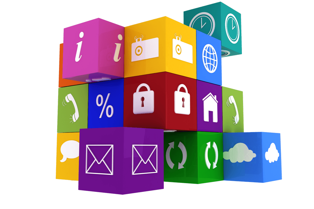 Colorful 3D Icon Blocks on Transparent Background