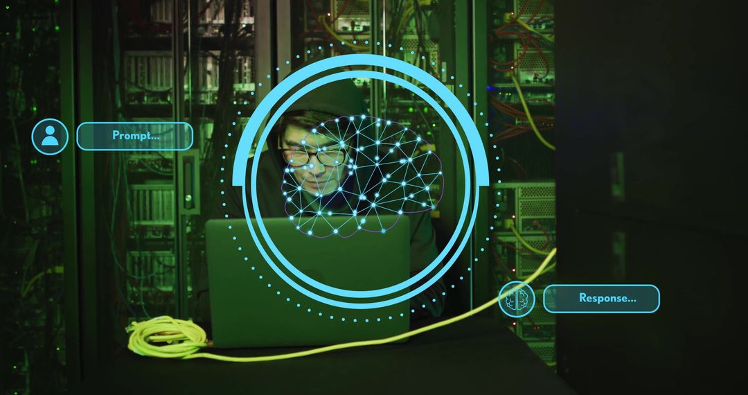 AI Technician Managing Server and Digital Network Interface