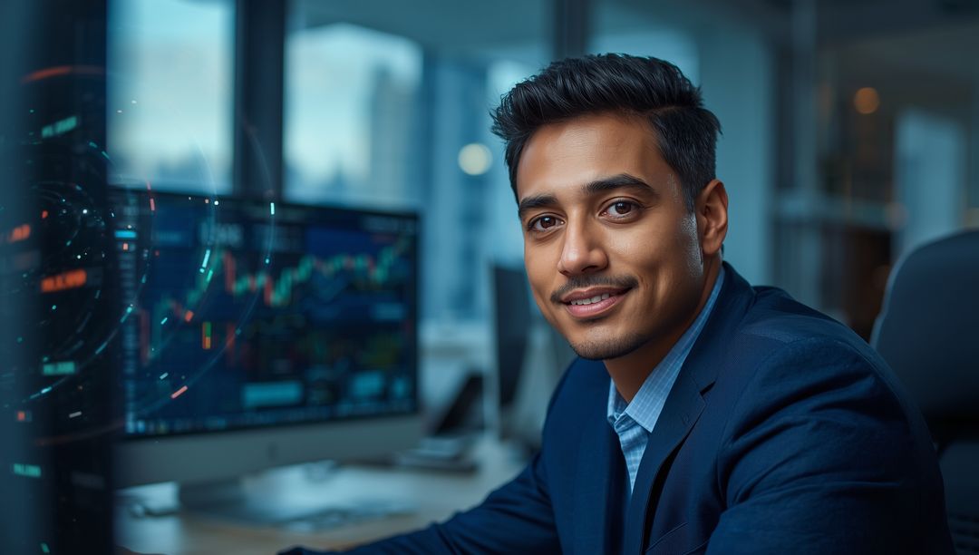 Professional Businessman Analyzing Market Graphs on Office Monitor