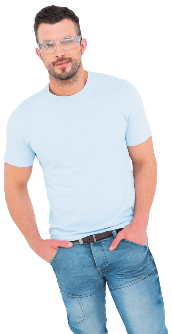 Smiling Man in Eyeglasses and Light Blue T-Shirt