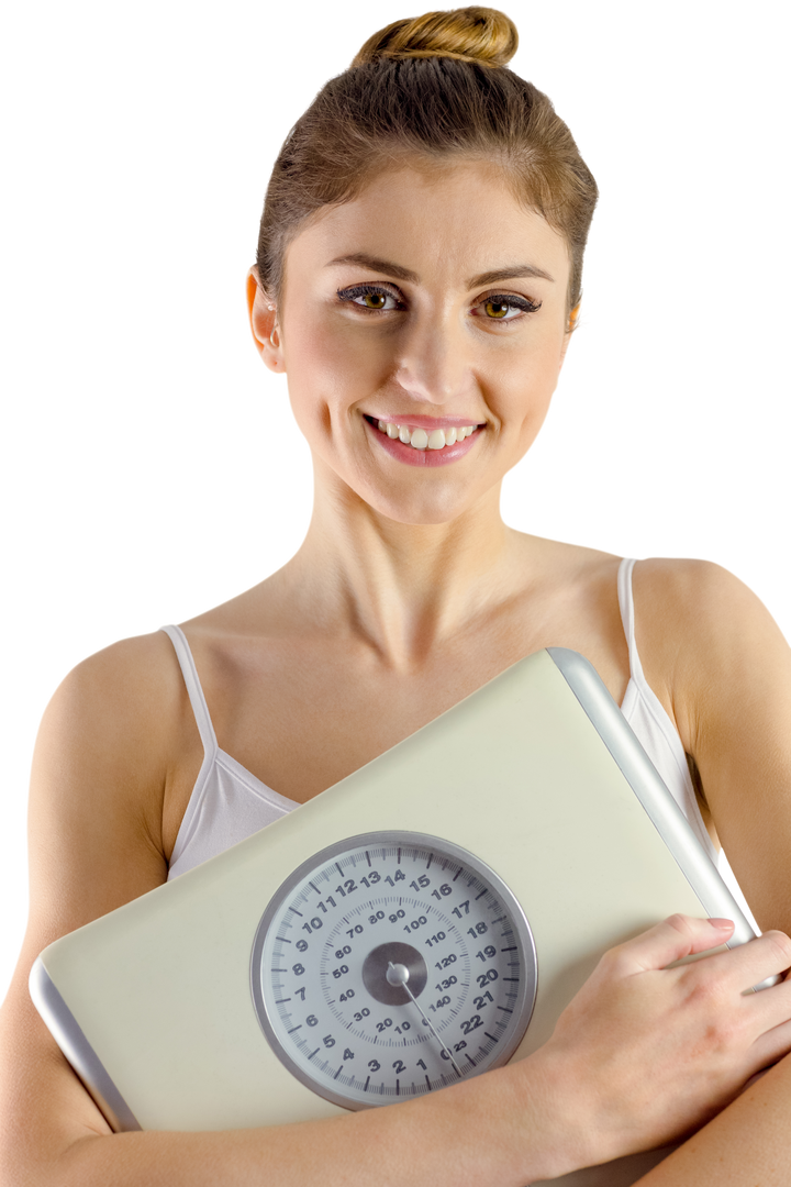 Transparent image of smiling slim woman holding weighing scales in workout attire - Download Free Stock Images Pikwizard.com