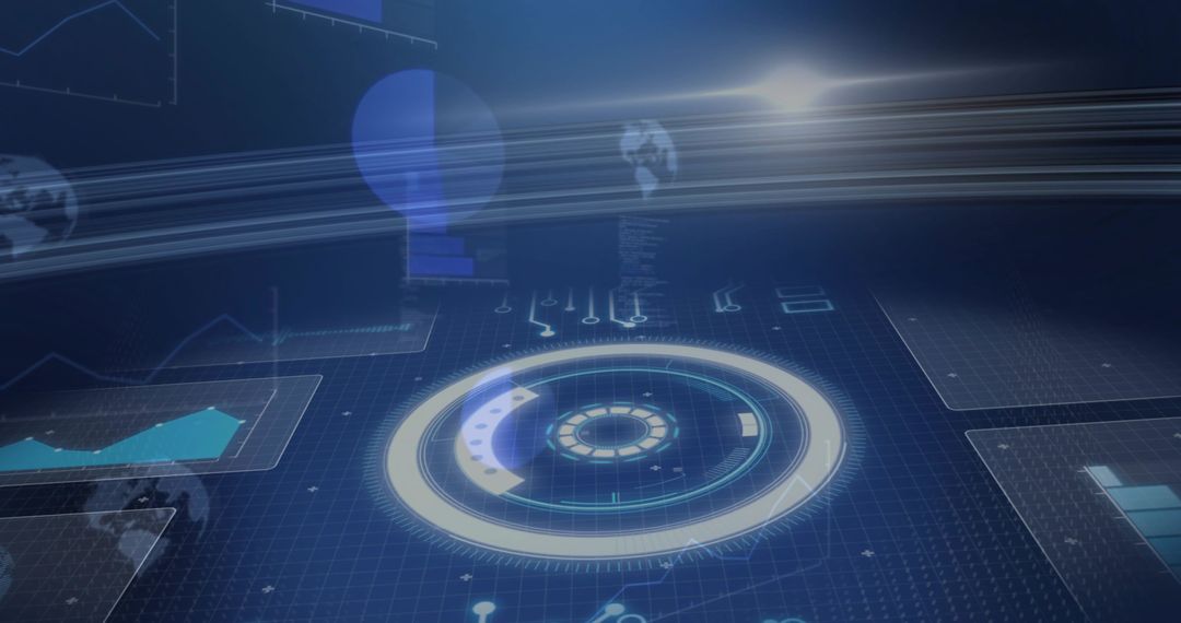 Futuristic Holographic Radar Interface with Concentric Rings and Data Panels on Blue Grid