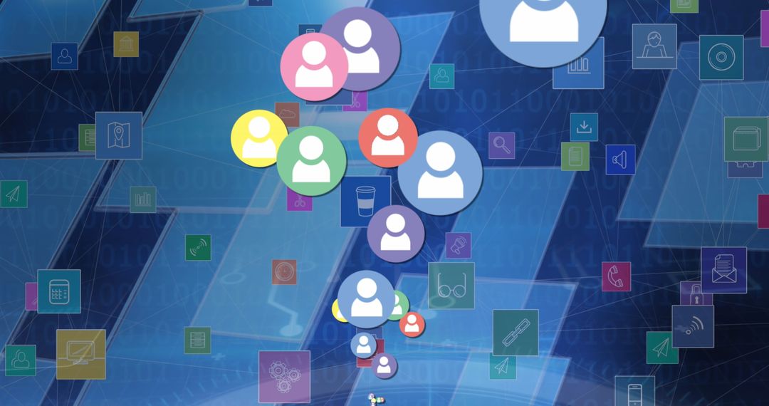 Floating Colorful Digital Icons on Abstract Technology Background