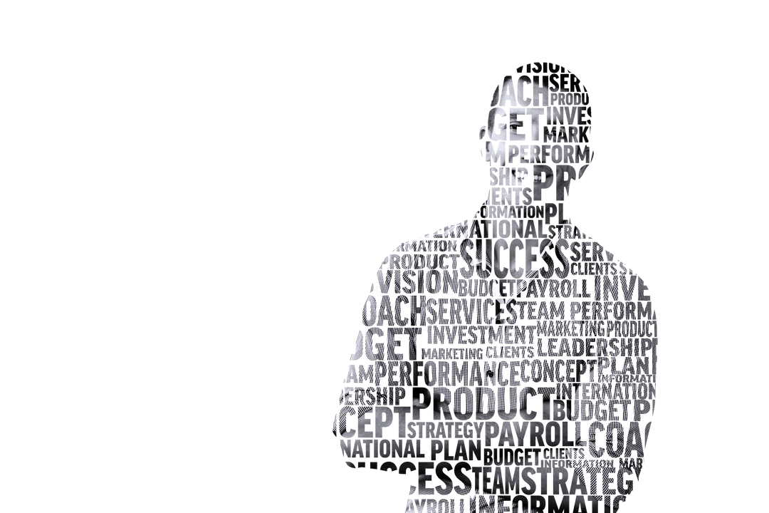 Digital Silhouette Man Made of Text on Transparent Background