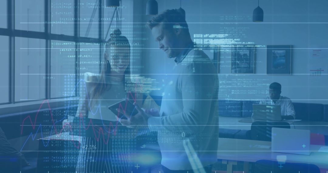 Coworkers Collaborating on Tablet with Digital Interface Overlay