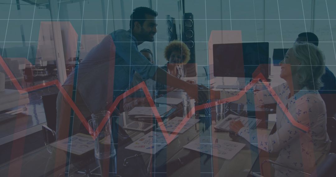 Diverse Team Shaking Hands Behind Growth Chart Overlay