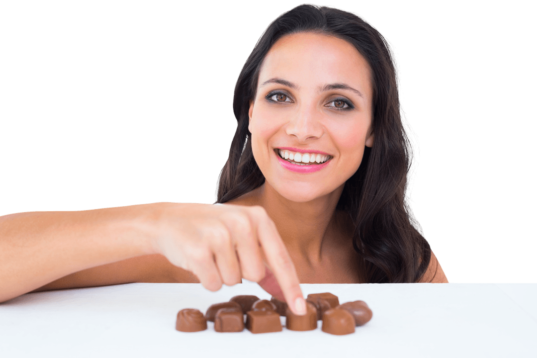 Smiling Woman Choosing Chocolate Piece on Transparent Background