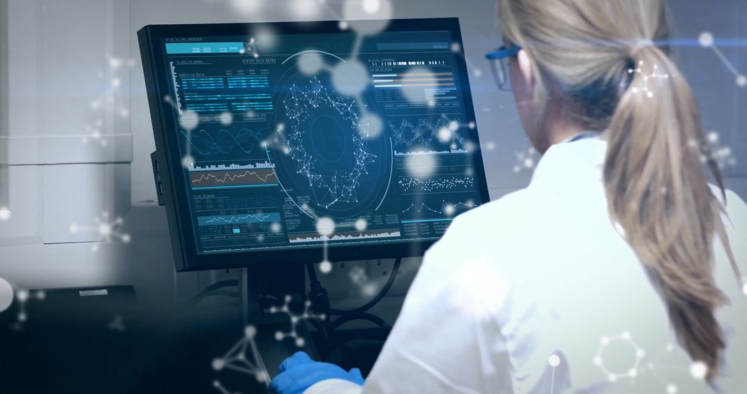 Female Scientist Analyzing Digital Molecular Structure in Laboratory