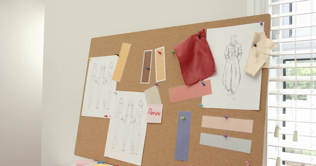 Fashion Mood Board Displaying Designer Sketches, Fabric Swatches and Color Chips