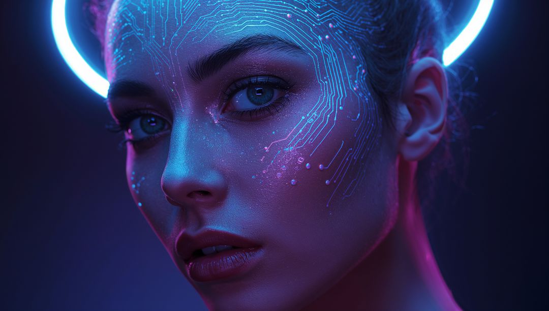 Neon Cyberpunk Close-up Portrait with Circuit Facepaint and LED Halo, Futuristic Beauty