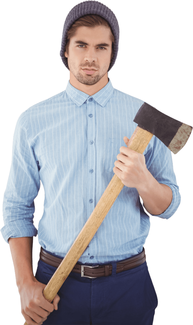 Transparent Hipster Holding Axe with Serious Expression