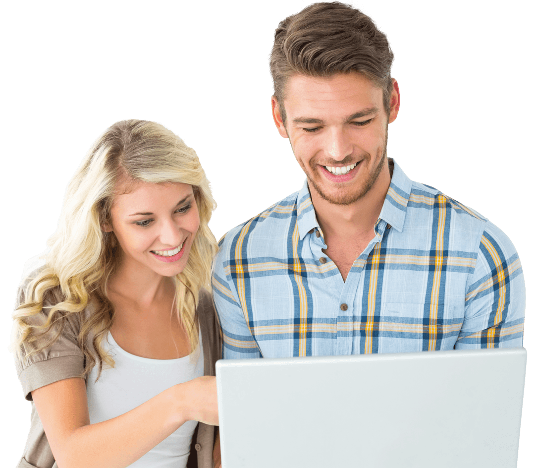 Happy Caucasian Couple Using Laptop on Transparent Background