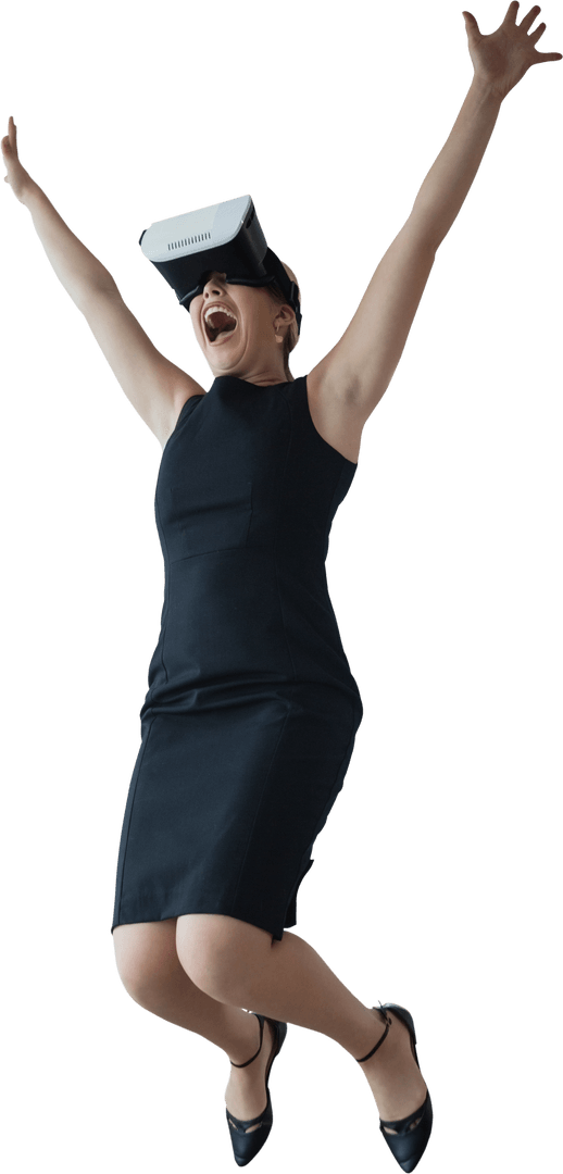 Cheerful Businesswoman with Virtual Reality Simulator on Transparent Background