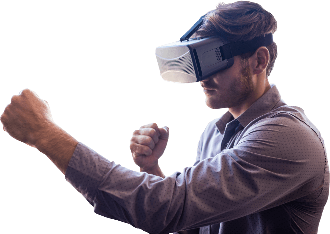 Empowered Businessman Using VR Headset on Transparent Background