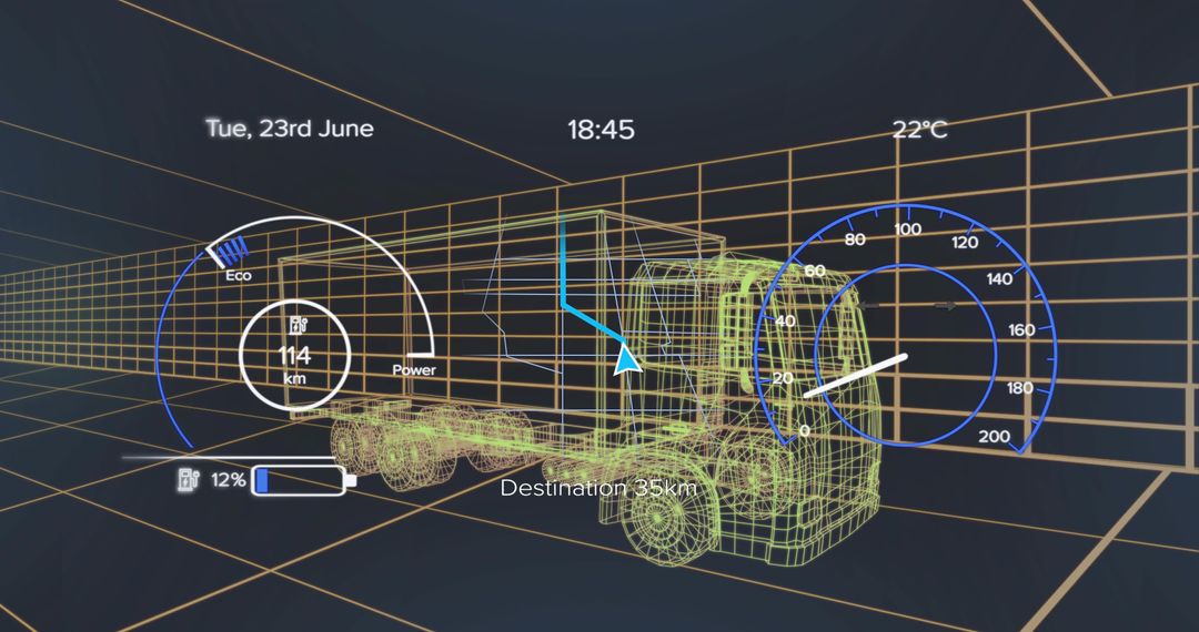 3D Wireframe Truck Model in Digital Interface with HUD Overlays