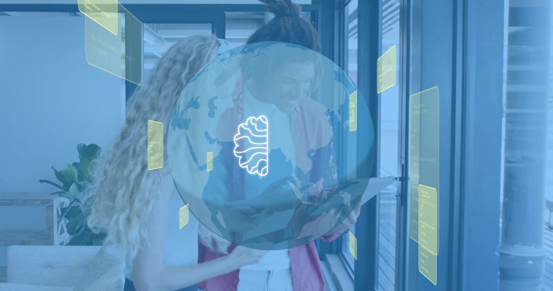 Colleagues Collaborating Over Tablet with Holographic Brain Globe and AR Dashboards