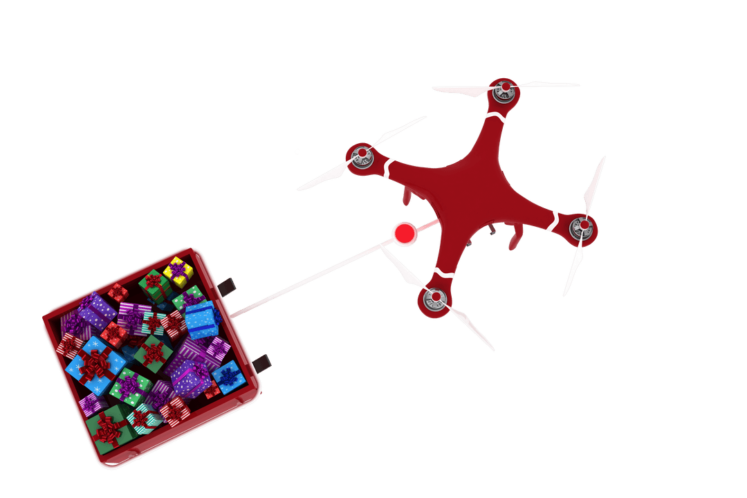 Drone Delivering Christmas Sledge Full of Gifts Transparent Background