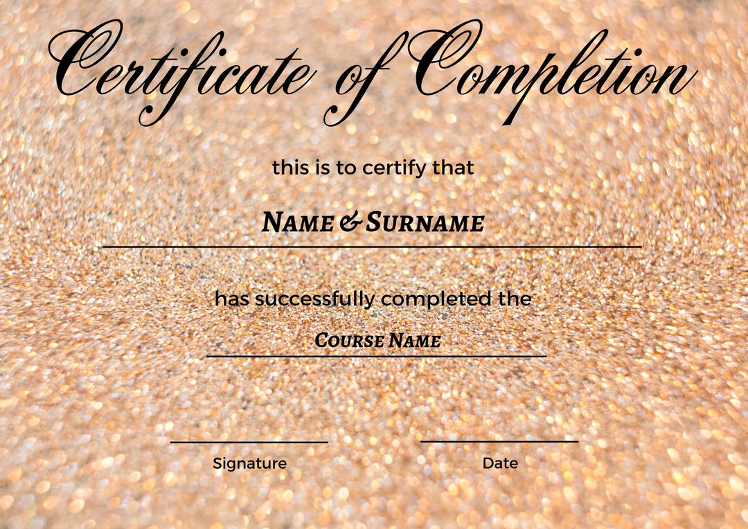 Certificate of Completion Template on Glittering Gold Sand Grains Background - Download Free Stock Templates Pikwizard.com